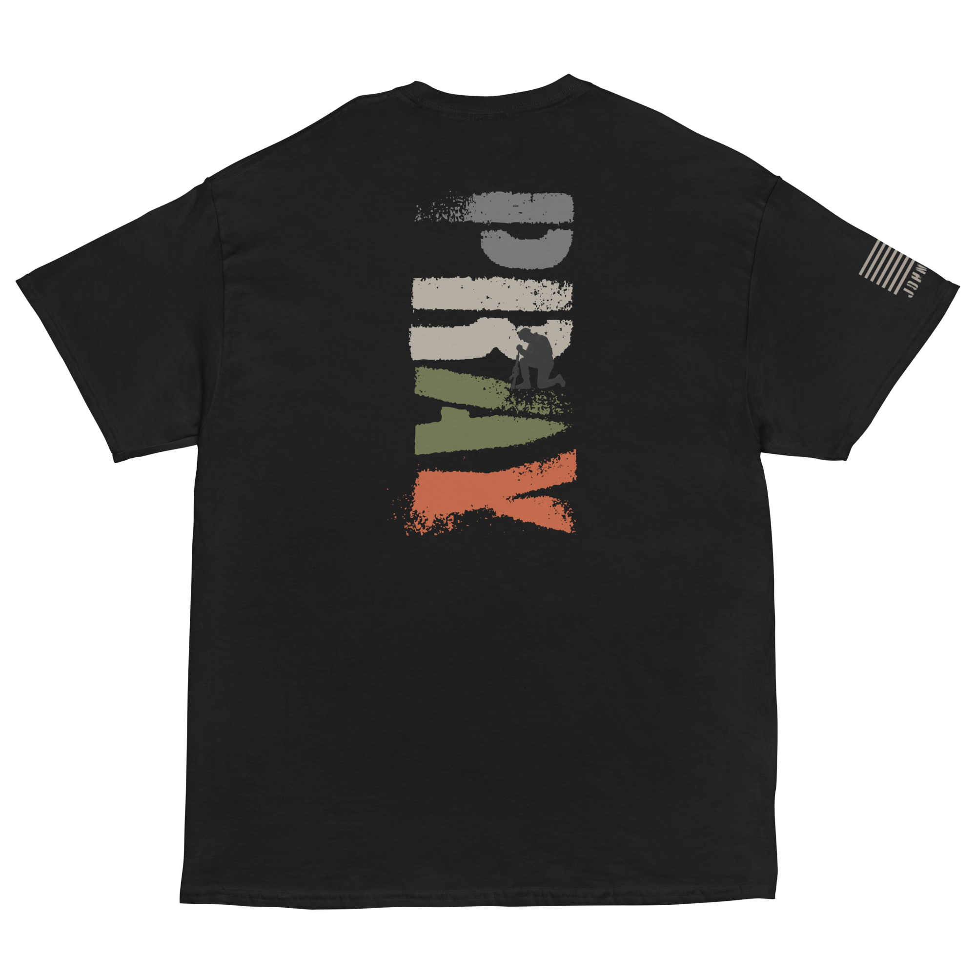 “Pray T from The Narrow Path Collection — features silhouette of kneeling soldier in prayer, symbolizing spiritual strength and battlefield humility.”